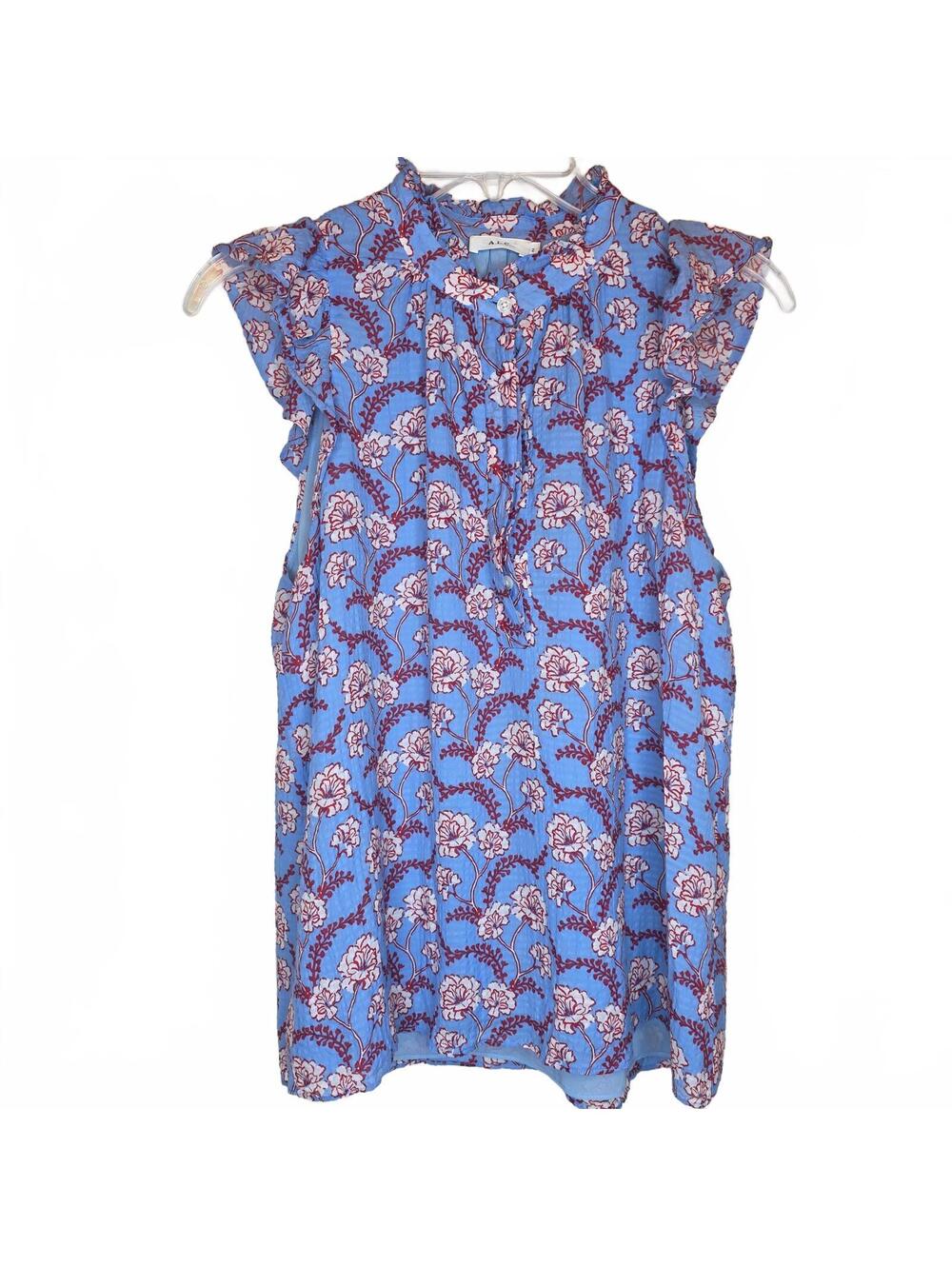 A.L.C Blue Foley Silk Blend High Neck Floral Top Blouse Blue Red Size 2